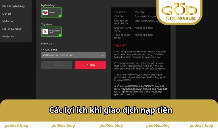 Các lợi ích khi giao dịch nạp tiền